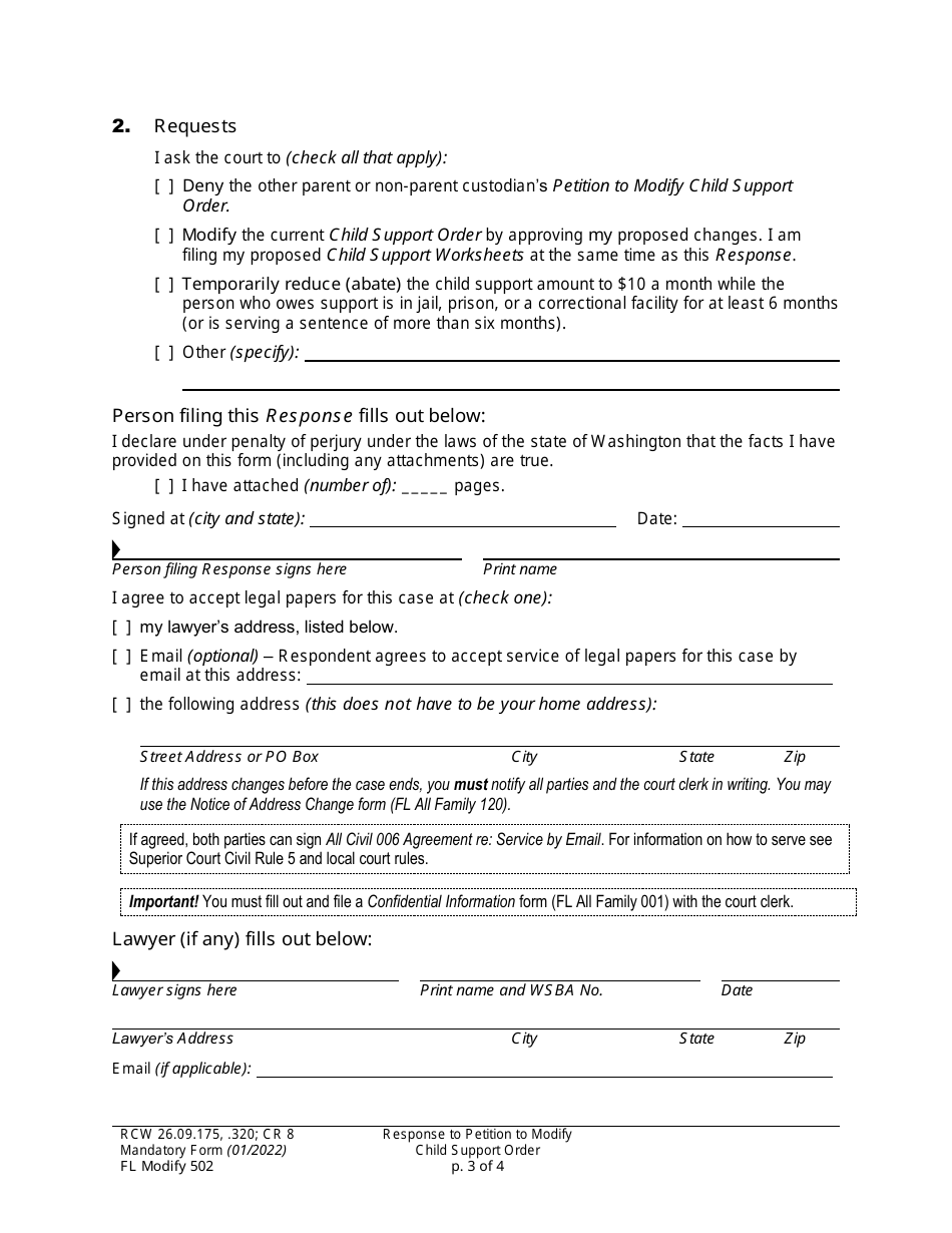 Form FL Modify502 Response to Petition to Modify Child Support Order - Washington, Page 3
