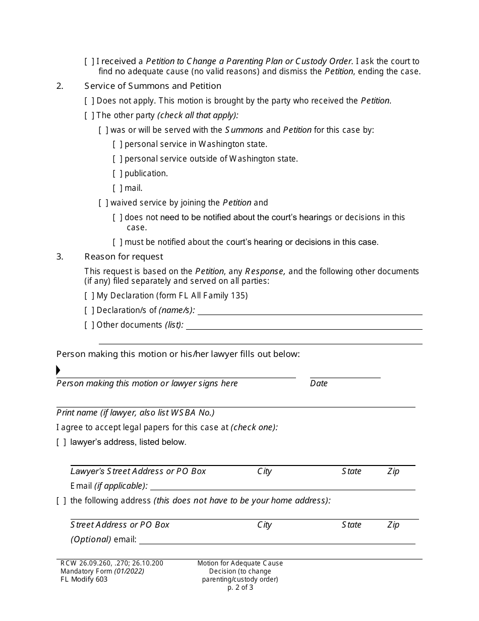 Form FL Modify603 Motion for Adequate Cause Decision (To Change a Parenting / Custody Order) - Washington, Page 2
