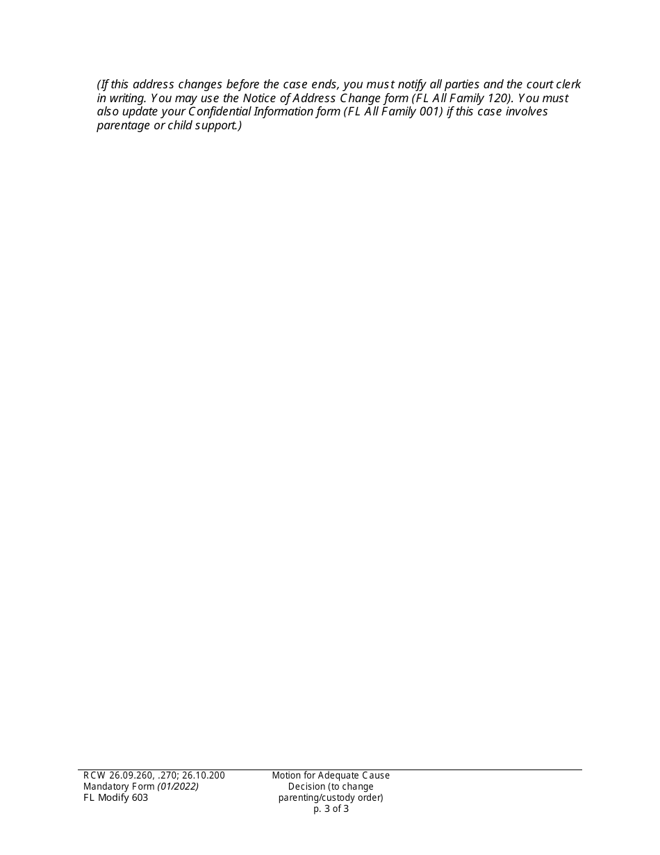 Form FL Modify603 Motion for Adequate Cause Decision (To Change a Parenting / Custody Order) - Washington, Page 3