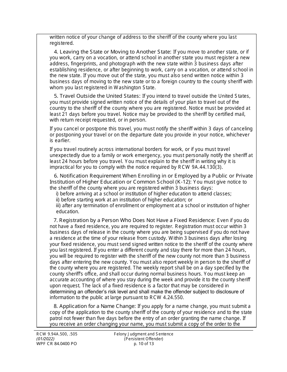 Form WPF CR84.0400 PO Felony Judgment and Sentence - Persistent Offender - Washington, Page 10