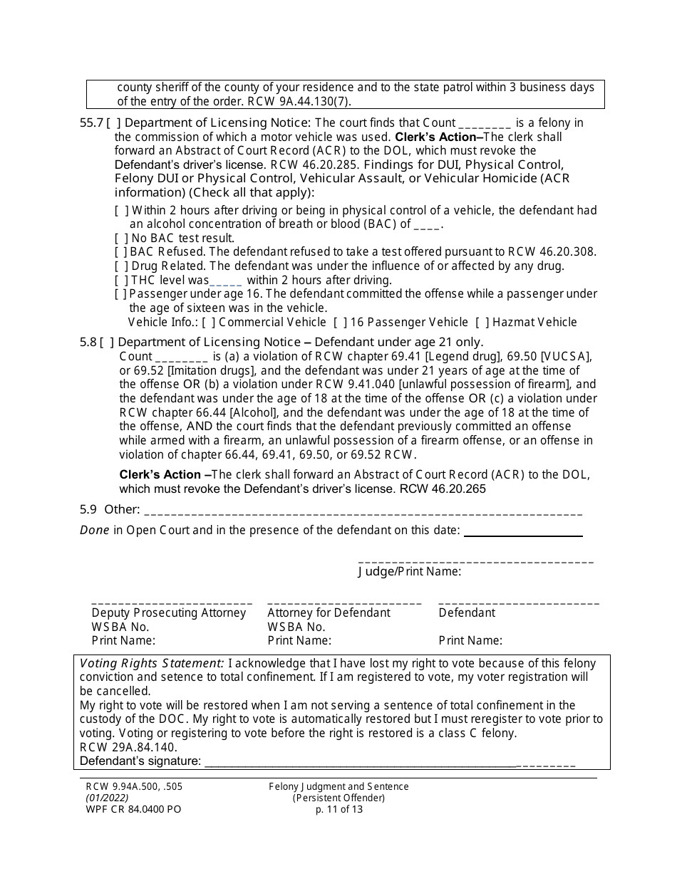 Form WPF CR84.0400 PO Felony Judgment and Sentence - Persistent Offender - Washington, Page 11