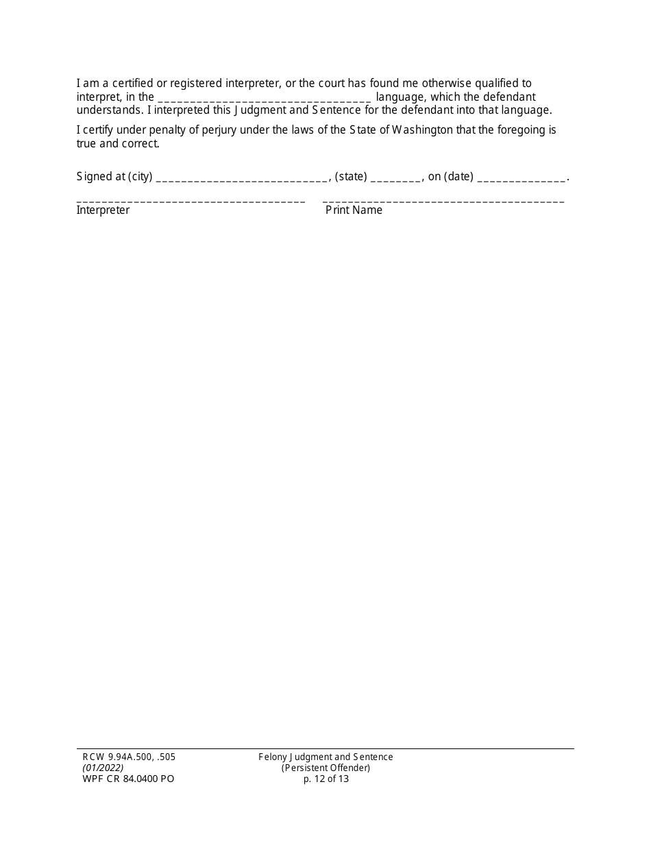 Form WPF CR84.0400 PO Felony Judgment and Sentence - Persistent Offender - Washington, Page 12