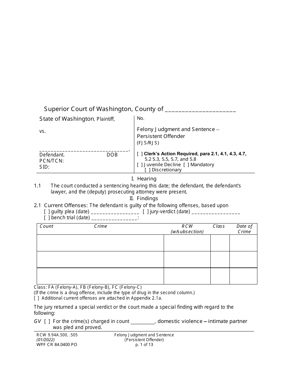 Form WPF CR84.0400 PO Felony Judgment and Sentence - Persistent Offender - Washington, Page 1
