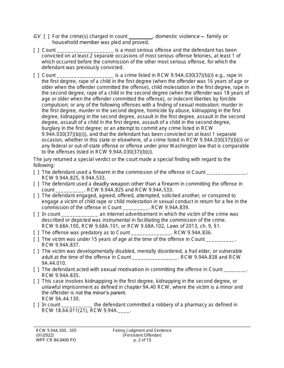 Form WPF CR84.0400 PO Felony Judgment and Sentence - Persistent Offender - Washington, Page 2