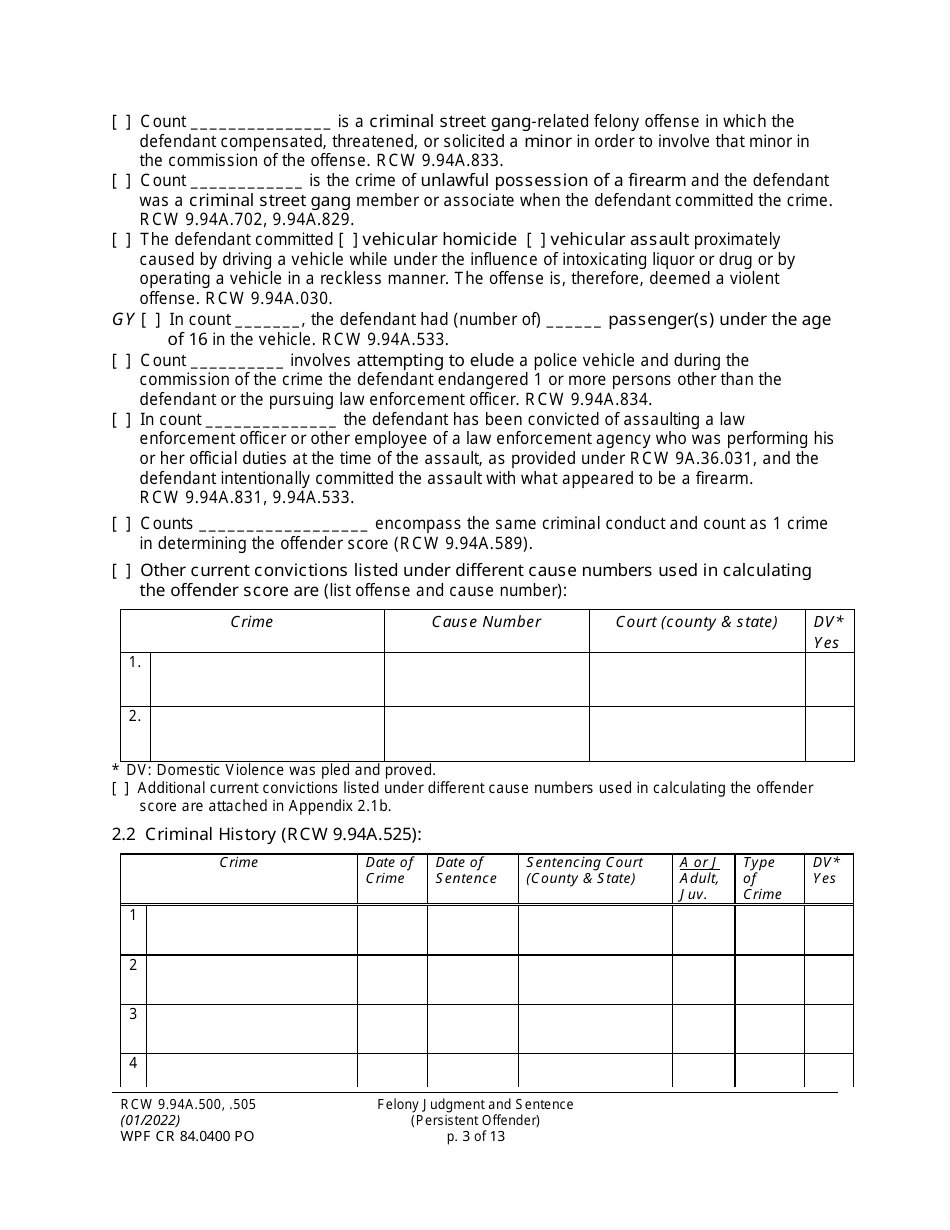 Form WPF CR84.0400 PO Felony Judgment and Sentence - Persistent Offender - Washington, Page 3
