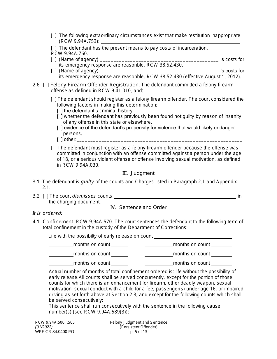 Form WPF CR84.0400 PO Felony Judgment and Sentence - Persistent Offender - Washington, Page 5
