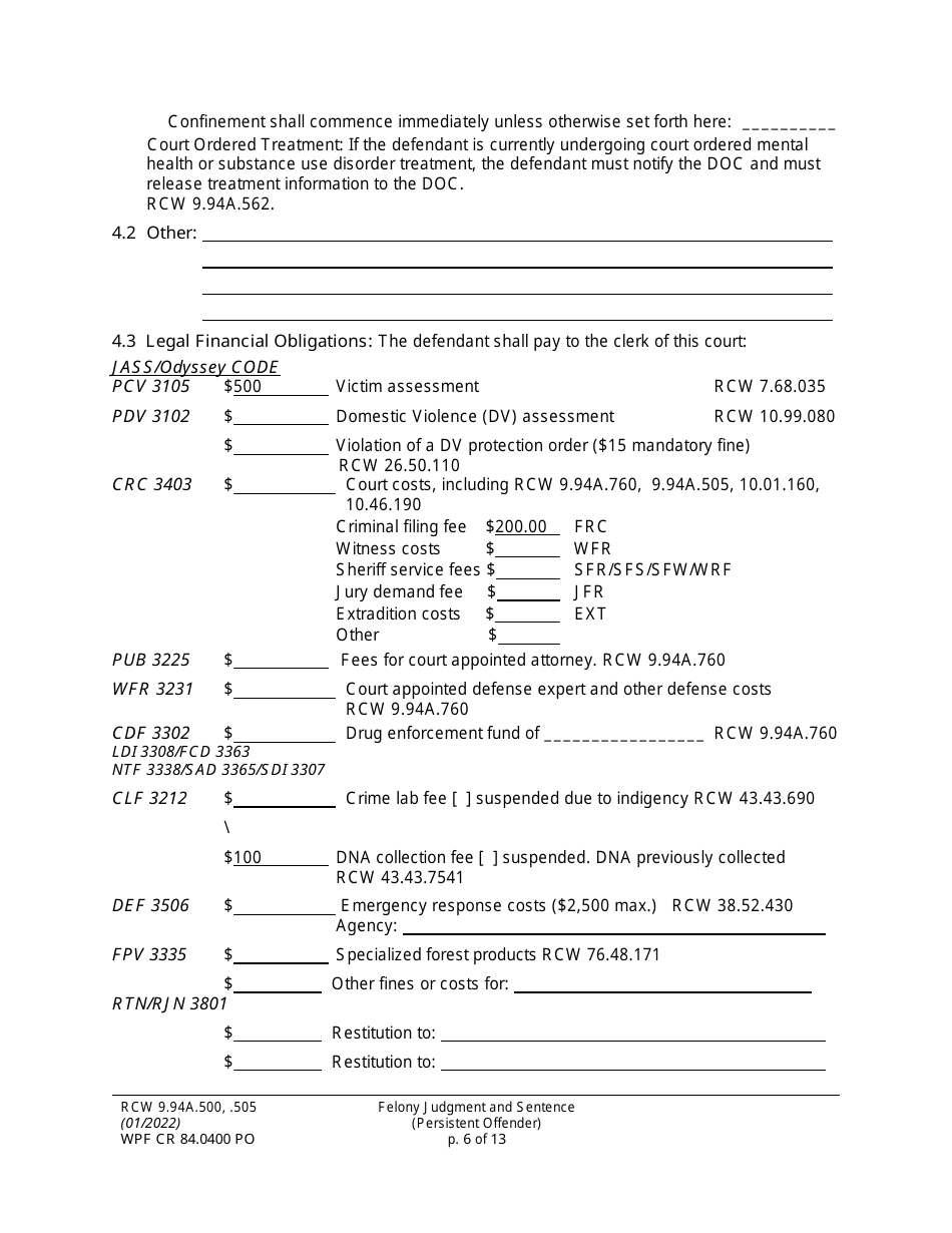 Form WPF CR84.0400 PO Felony Judgment and Sentence - Persistent Offender - Washington, Page 6
