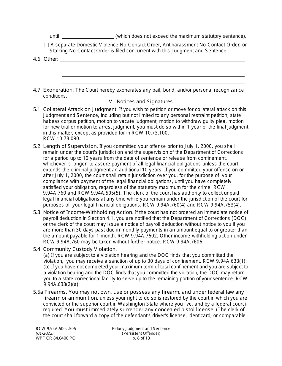 Form WPF CR84.0400 PO Felony Judgment and Sentence - Persistent Offender - Washington, Page 8