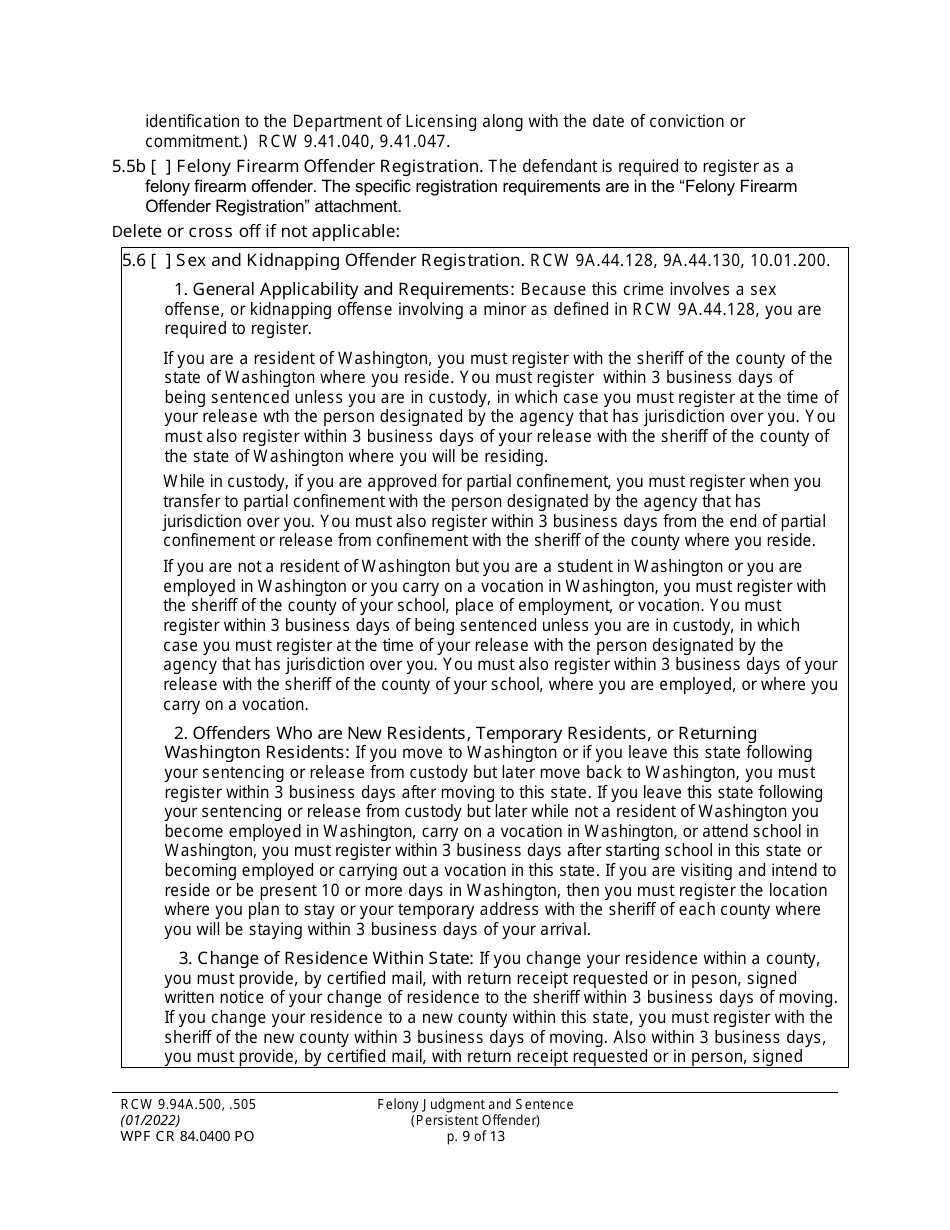 Form WPF CR84.0400 PO Felony Judgment and Sentence - Persistent Offender - Washington, Page 9