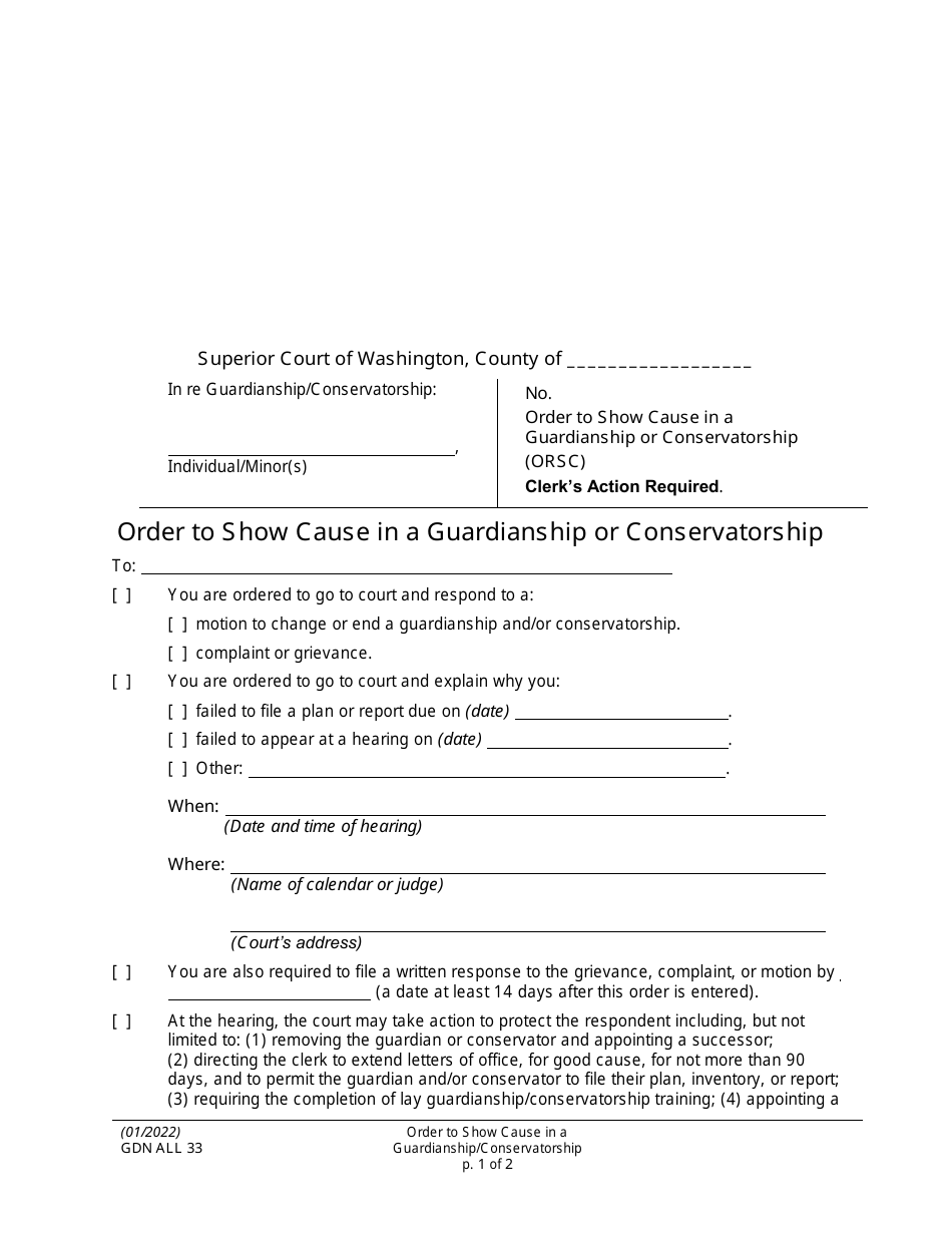 Form GDN ALL33 Order to Show Cause in a Guardianship or Conservatorship - Washington, Page 1
