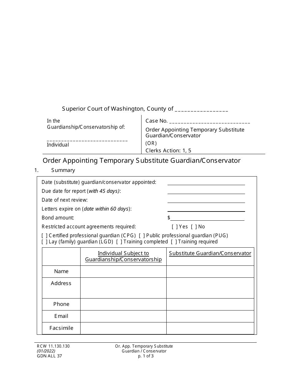 Form GDN ALL37 Order Appointing Temporary Substitute Guardian / Conservator - Washington, Page 1