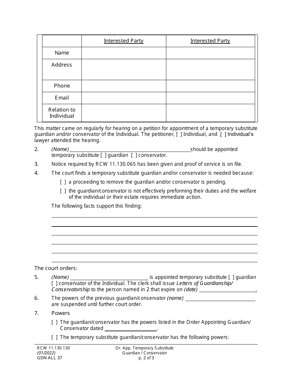Form GDN ALL37 Order Appointing Temporary Substitute Guardian / Conservator - Washington, Page 2