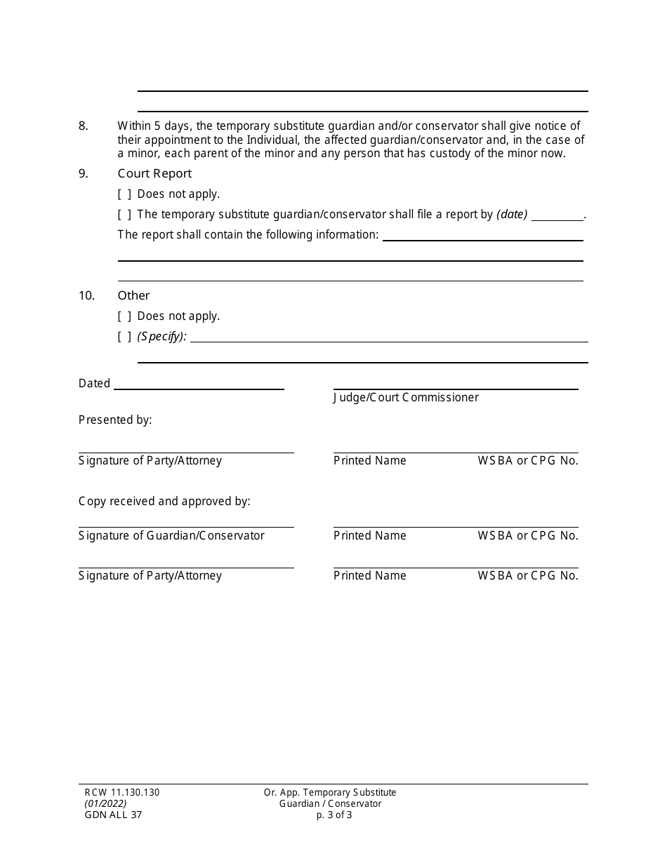 Form GDN ALL37 Order Appointing Temporary Substitute Guardian / Conservator - Washington, Page 3