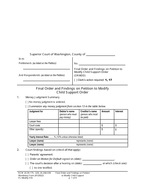 Form FL Modify510 Final Order and Findings on Petition to Modify Child Support Order - Washington