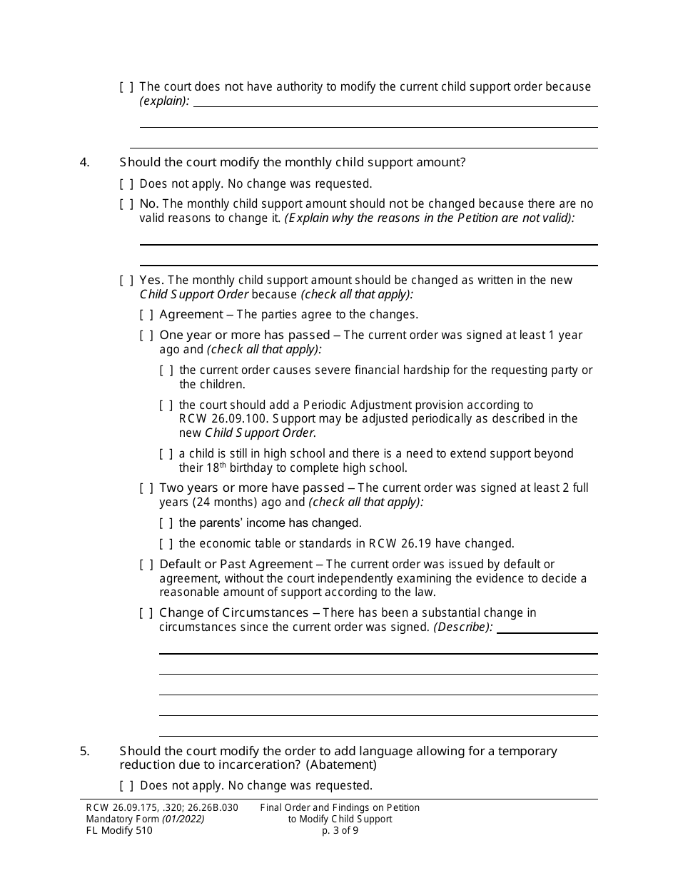 Form FL Modify510 Final Order and Findings on Petition to Modify Child Support Order - Washington, Page 3