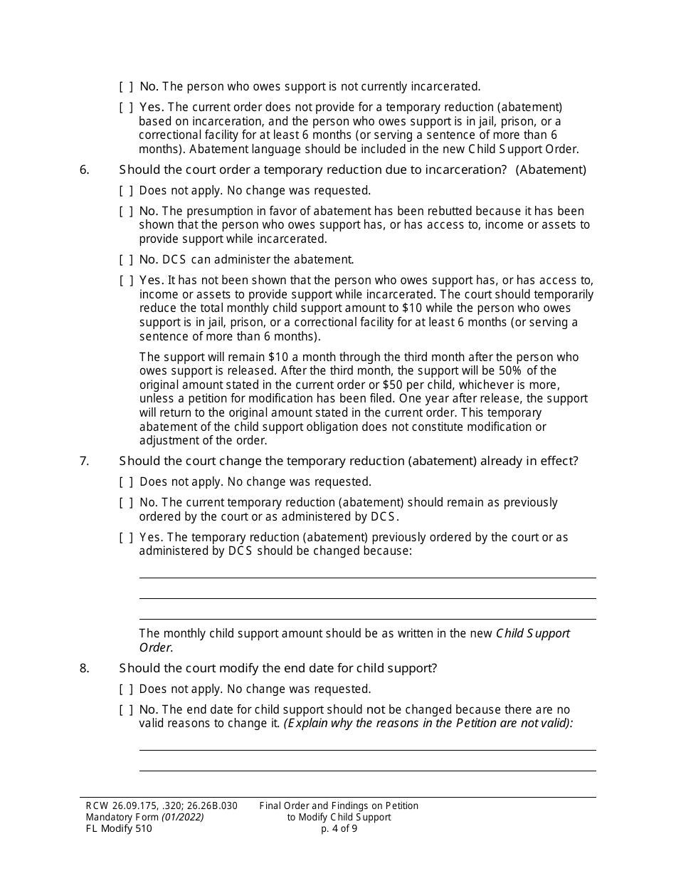 Form FL Modify510 Final Order and Findings on Petition to Modify Child Support Order - Washington, Page 4