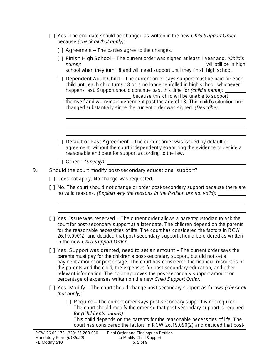 Form FL Modify510 Final Order and Findings on Petition to Modify Child Support Order - Washington, Page 5