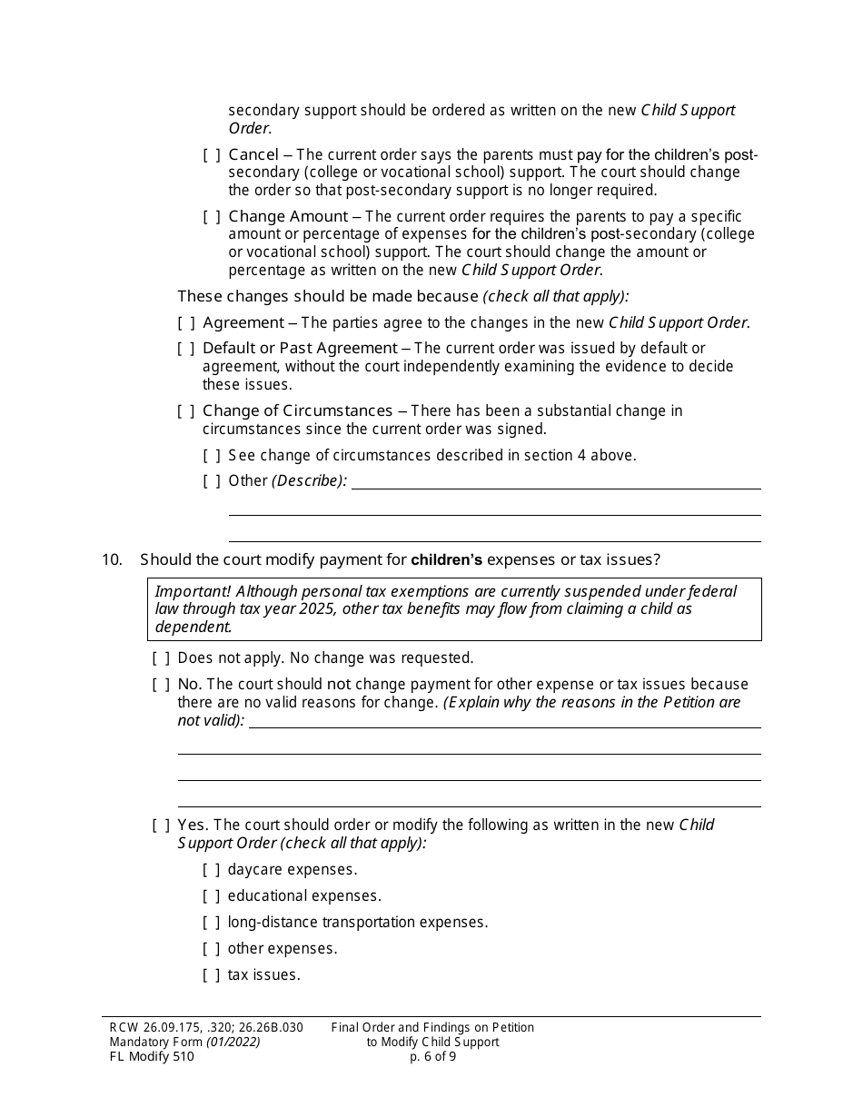 Form FL Modify510 Final Order and Findings on Petition to Modify Child Support Order - Washington, Page 6