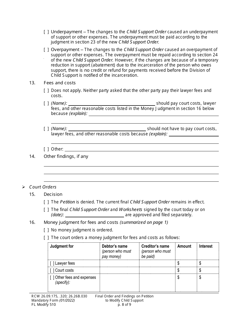 Form FL Modify510 Final Order and Findings on Petition to Modify Child Support Order - Washington, Page 8