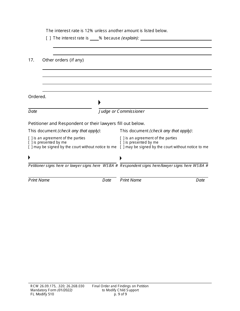 Form FL Modify510 Final Order and Findings on Petition to Modify Child Support Order - Washington, Page 9