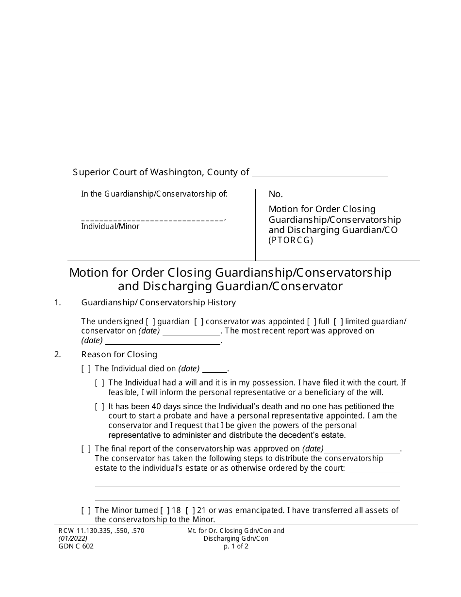 Form GDN C601 Motion for Order Closing Guardianship / Conservatorship and Discharging Guardian / Conservator - Washington, Page 1