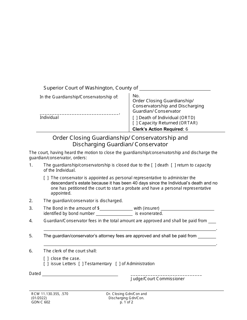 Form GDN C602 Order Closing Guardianship / Conservatorship and Discharging Guardian / Conservator - Washington, Page 1