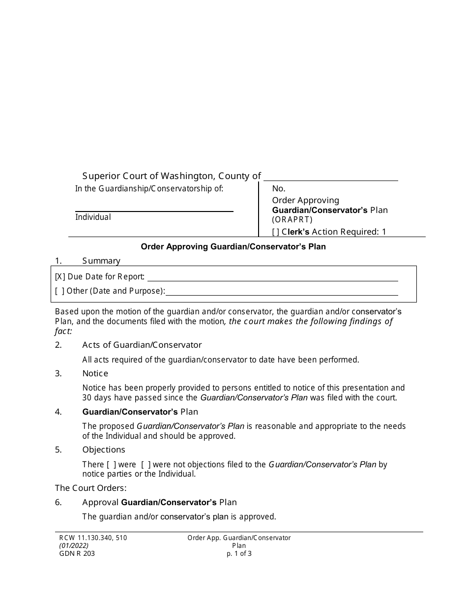 Form GDN R203 Order Approving Guardian / Conservators Plan - Washington, Page 1