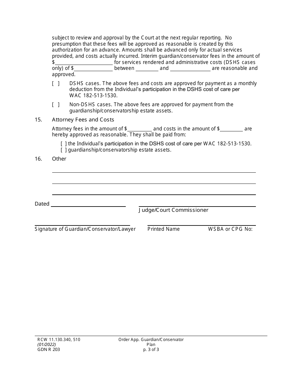 Form GDN R203 Order Approving Guardian / Conservators Plan - Washington, Page 3
