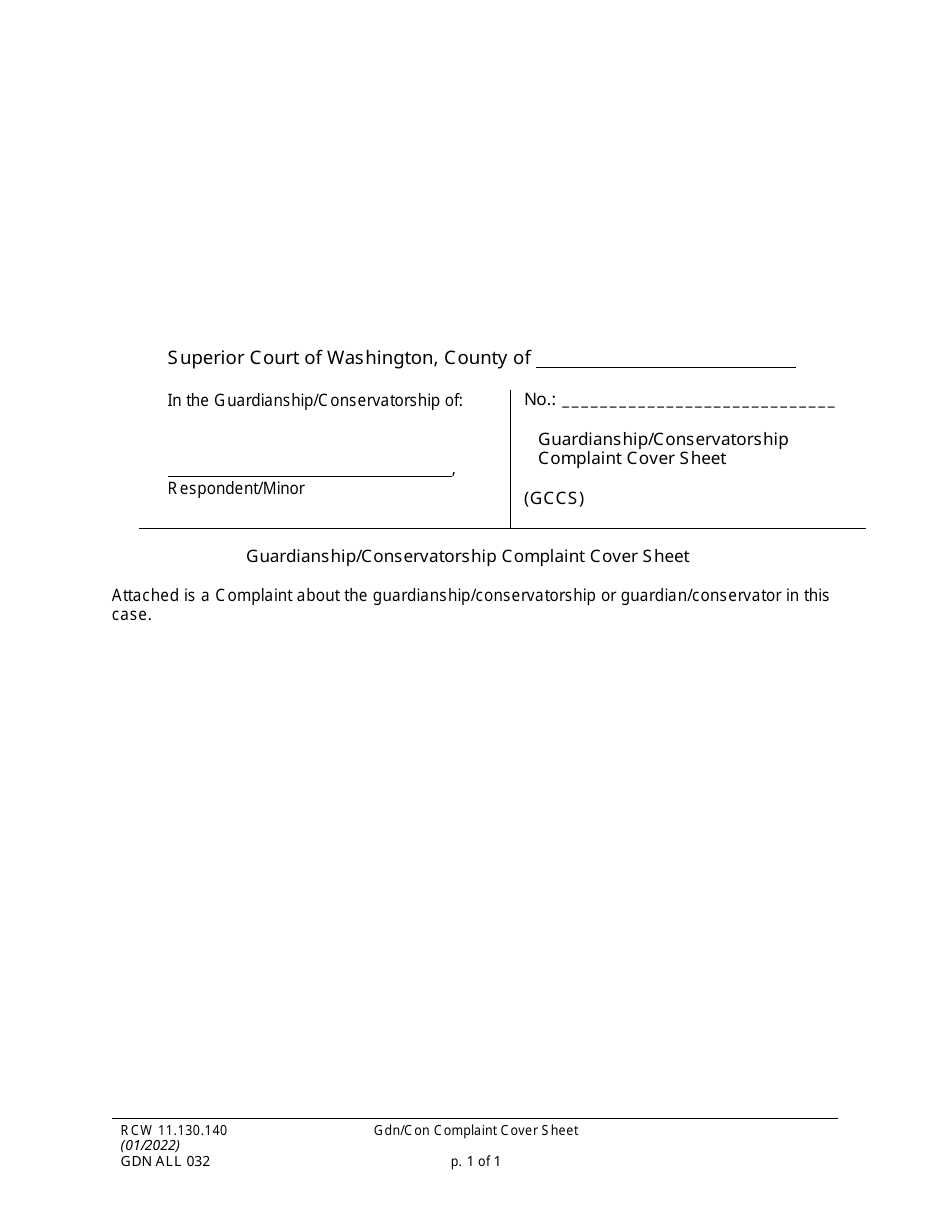 Form GDN ALL032 Guardianship / Conservatorship Complaint Cover Sheet - Washington, Page 1
