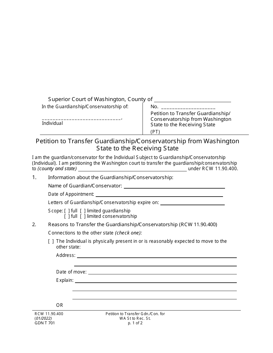 Form GDN T701 Petition to Transfer Guardianship / Conservatorship From Washington State to the Receiving State - Washington, Page 1