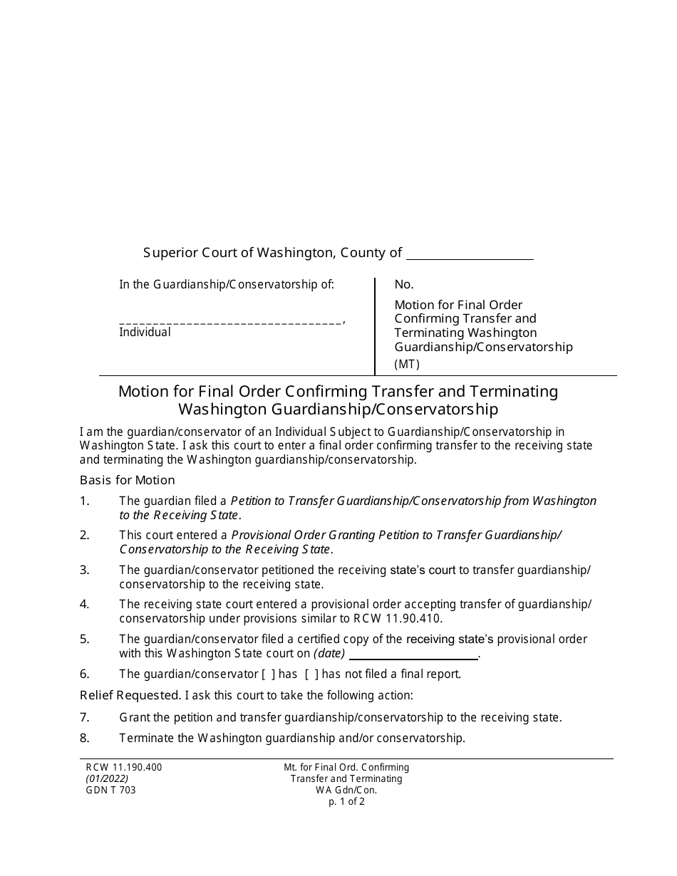 Form GDN T703 Motion for Final Order Confirming Transfer and Terminating Washington Guardianship / Conservatorship - Washington, Page 1