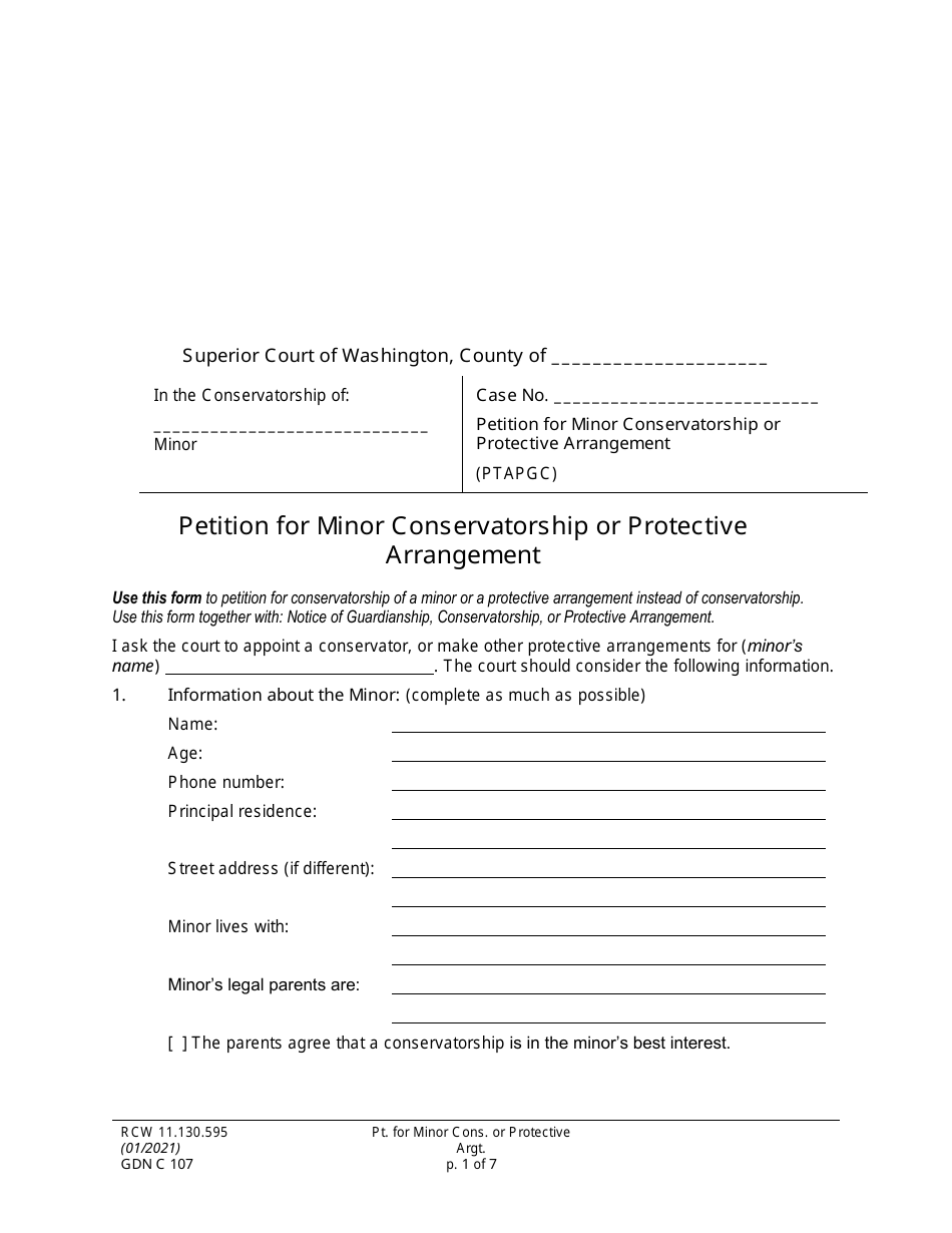 Form GDN C107 Petition for Minor Conservatorship or Protective Arrangement - Washington, Page 1
