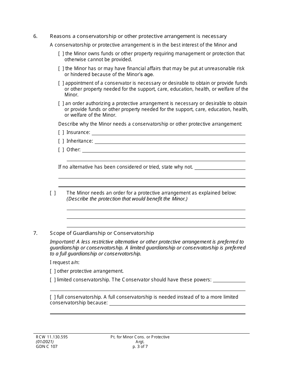 Form GDN C107 Petition for Minor Conservatorship or Protective Arrangement - Washington, Page 3