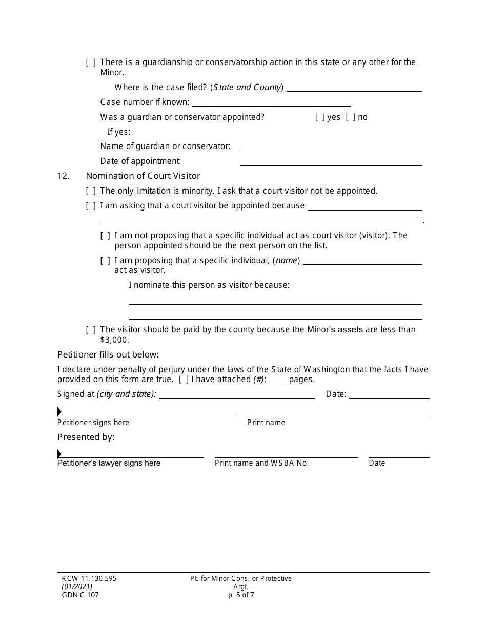 Form GDN C107 Petition for Minor Conservatorship or Protective Arrangement - Washington, Page 5