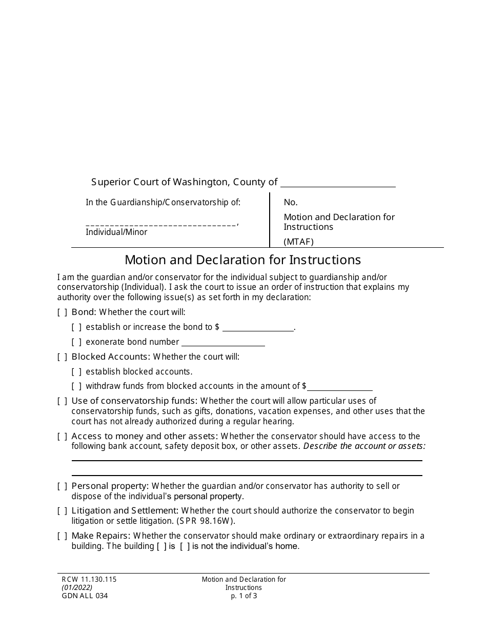 Form GDN ALL034 Motion and Declaration for Instructions - Washington, Page 1