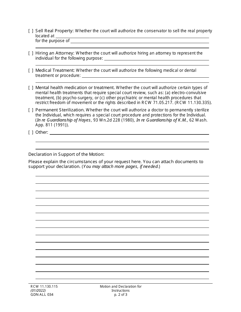 Form GDN ALL034 Motion and Declaration for Instructions - Washington, Page 2