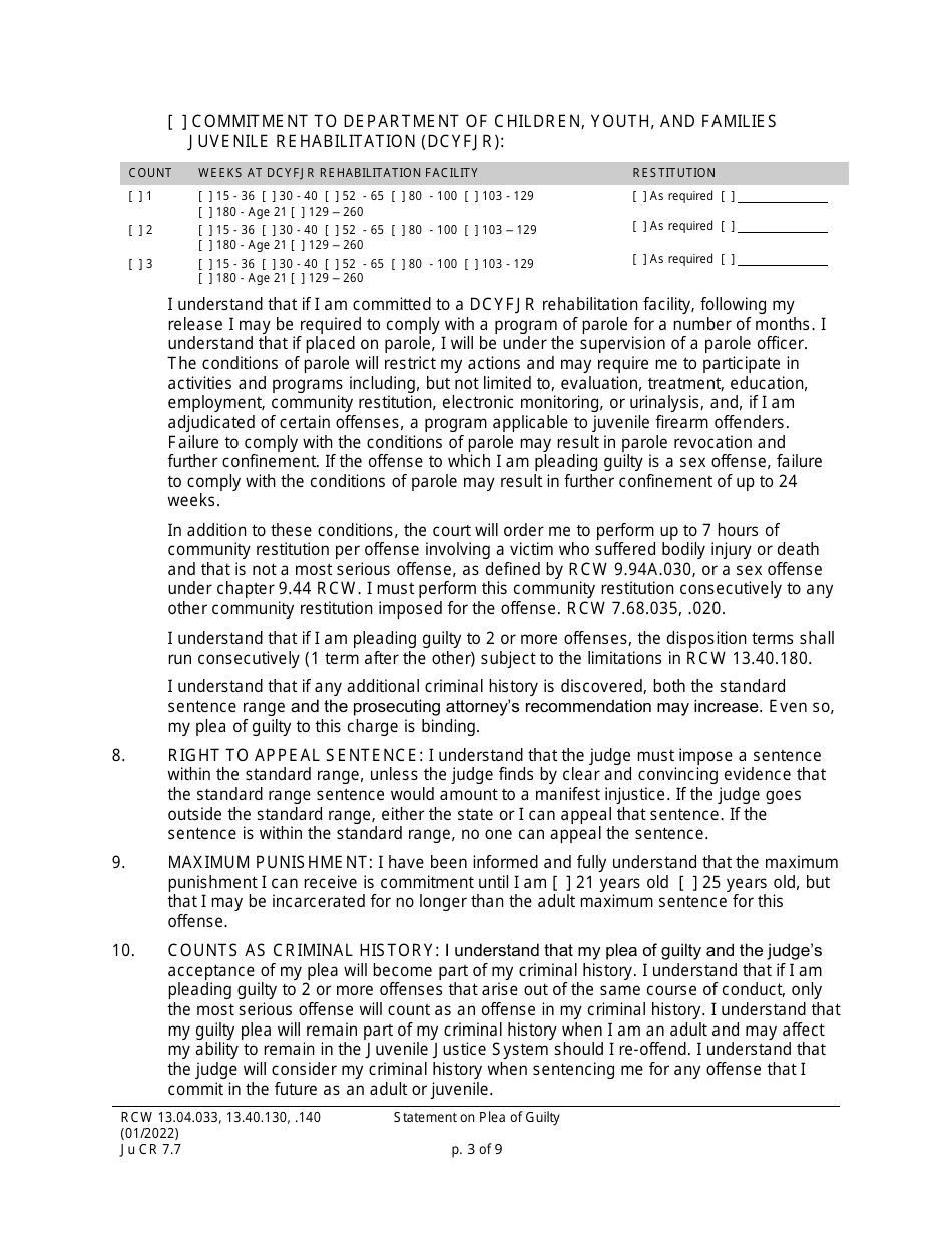 Form JuCR7.7 Statement on Plea of Guilty - Washington, Page 3