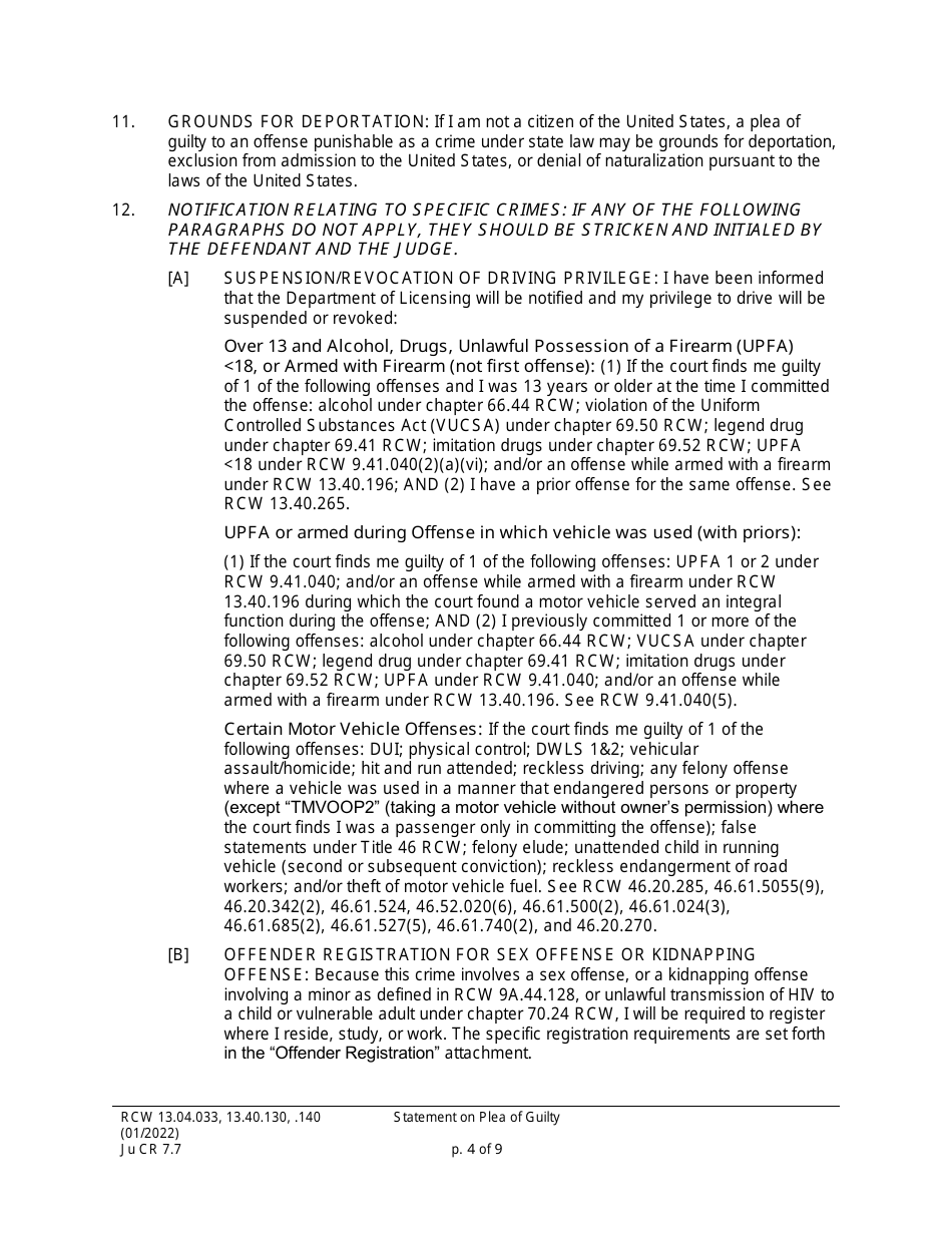 Form JuCR7.7 Statement on Plea of Guilty - Washington, Page 4