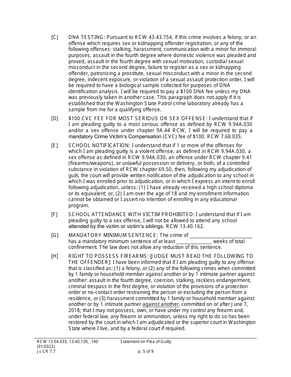 Form JuCR7.7 Statement on Plea of Guilty - Washington, Page 5