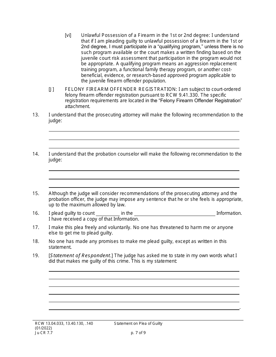 Form JuCR7.7 Statement on Plea of Guilty - Washington, Page 7