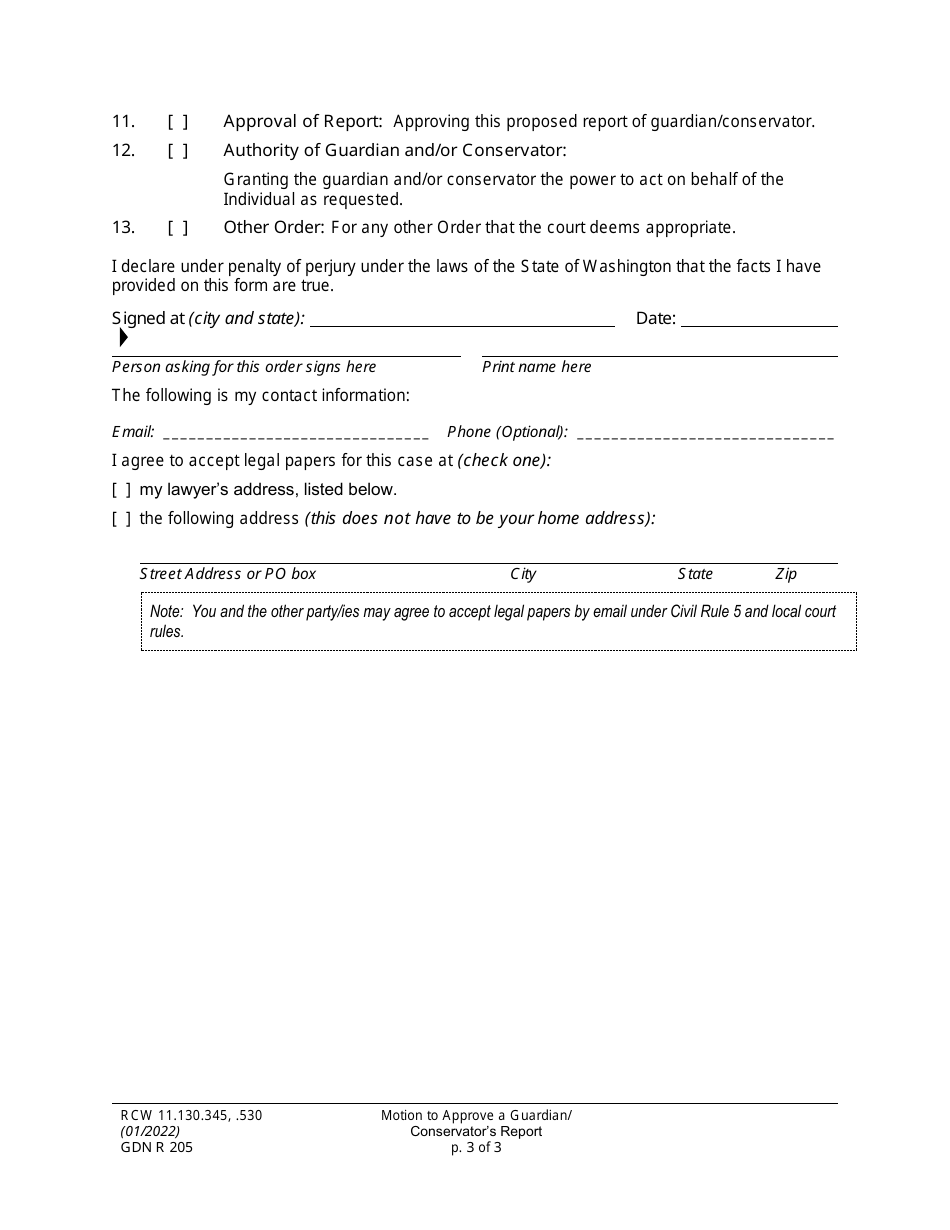 Form GDN R205 Motion to Approve Guardian / Conservators Report - Washington, Page 3