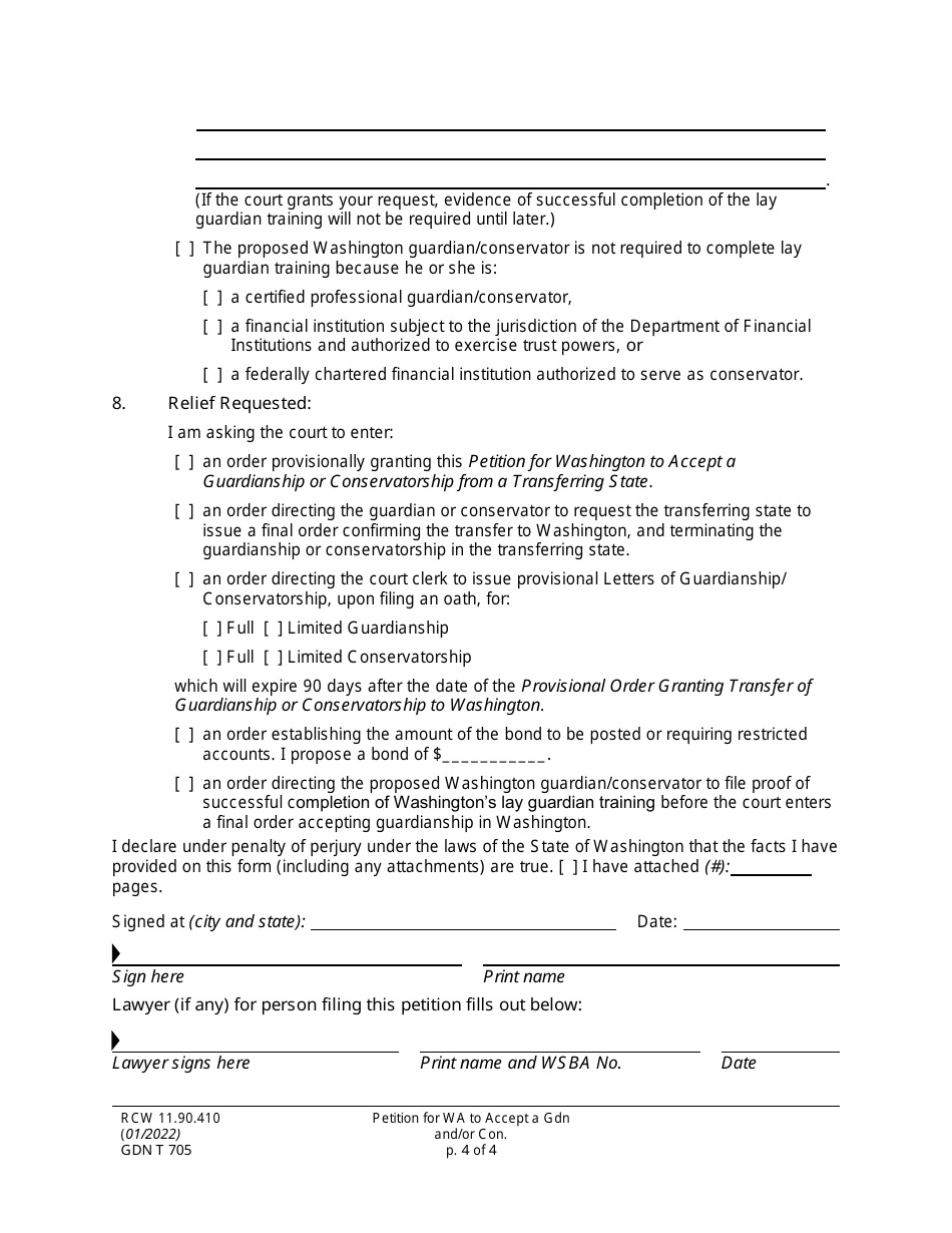 Form GDN T705 Petition for Washington to Accept a Guardianship and / or Conservatorship From a Transferring State - Washington, Page 4