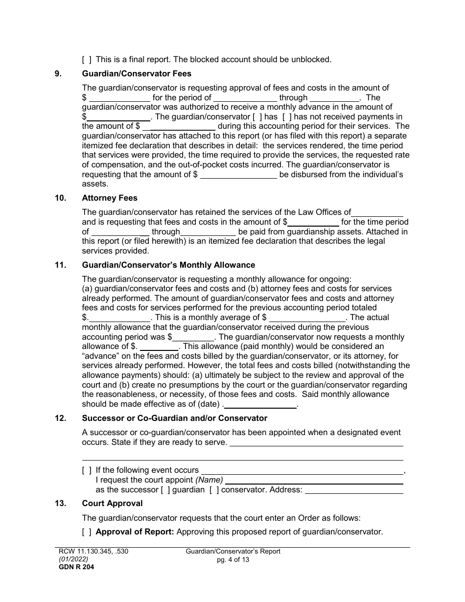 Form GDN R204 Guardian / Conservators Report - Washington, Page 4