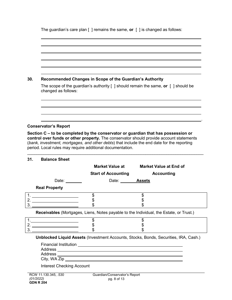 Form GDN R204 Guardian / Conservators Report - Washington, Page 8