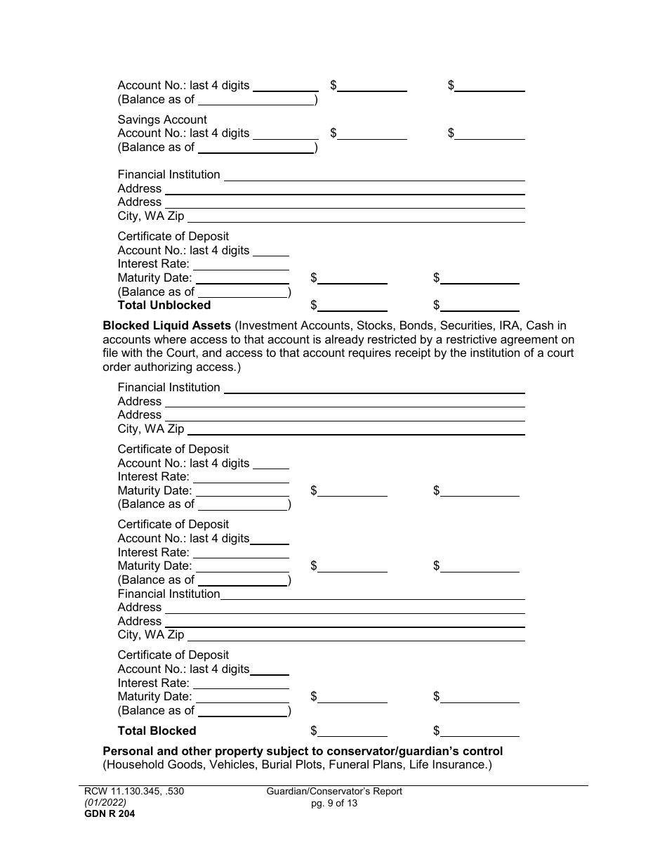 Form GDN R204 Guardian / Conservators Report - Washington, Page 9