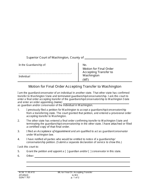 Form GDN T707 Motion for Final Order Accepting Transfer to Washington - Washington