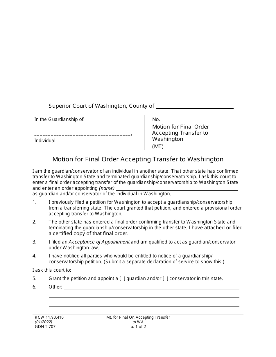 Form GDN T707 Motion for Final Order Accepting Transfer to Washington - Washington, Page 1