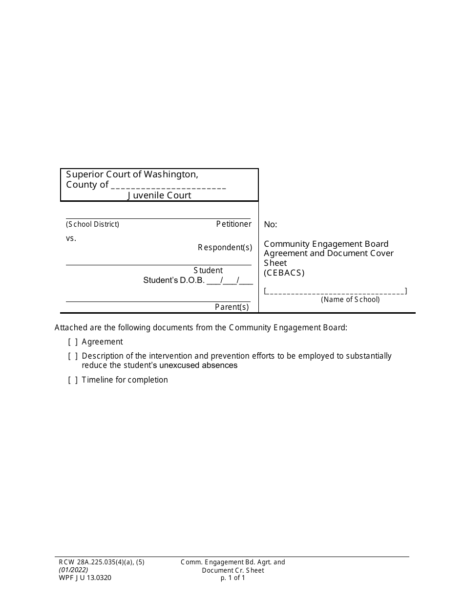 Form WPF JU13.0320 Community Engagement Board Agreement and Document Cover Sheet - Washington, Page 1