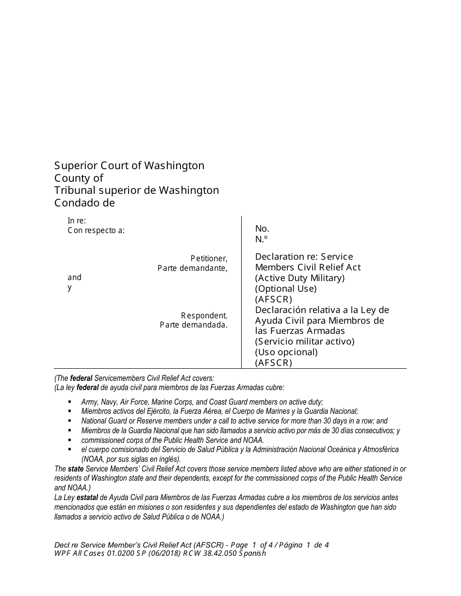 Form WPF All Cases01.0200 Declaration Re: Service Members Civil Relief Act (Active Duty Military) (Optional Use) - Washington (English / Spanish), Page 1