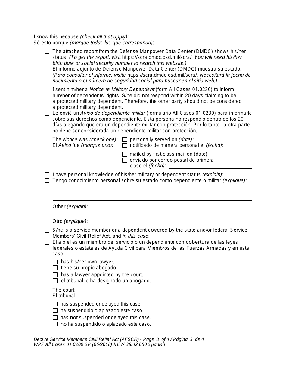 Form WPF All Cases01.0200 Declaration Re: Service Members Civil Relief Act (Active Duty Military) (Optional Use) - Washington (English / Spanish), Page 3